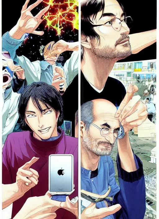 Image similar to steve jobs revealing the iphone as manga, 8 k, color, by katsuhiro otomo and hiroya oku and makoto yukimura