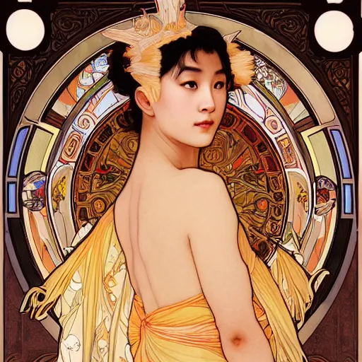 Prompt: breathtaking detailed concept art nouveau painting of attractive Ashley Liao as the goddess of the sun, with anxious, piercing eyes, by Alphonse Mucha, Michael Whelan, William Adolphe Bouguereau, John Williams Waterhouse, and Donato Giancola, cyberpunk, dark extremely moody lighting, 8K