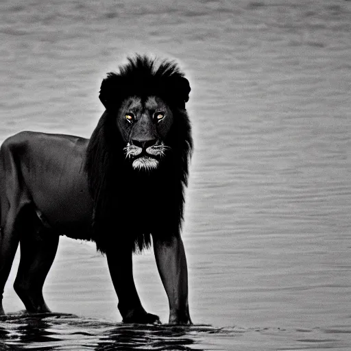 Prompt: found footage of a black lion standing in murky black lake, high temperature, cinematic lighting, focused eyes, apex predator, natgeo, 3 5 mm lens