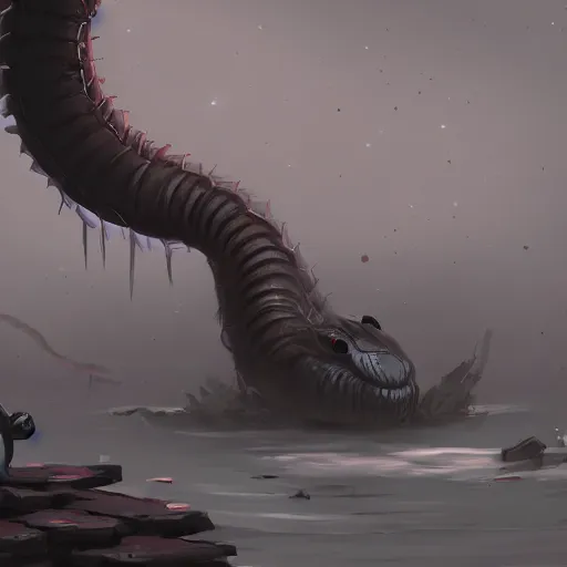 Prompt: a giant earth worm, raising from the abyss, poisonlake mech speedpaint by michaelloos