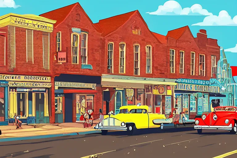 Image similar to a whimsical storybook illustration of a small town main street from the 1 9 5 0 s with a line of brick buildings with business signs over the doors and some late 1 9 5 0 s cars on the road in front of the buildings and one 1 9 3 0 model a hot rod, lowbrow pop art style