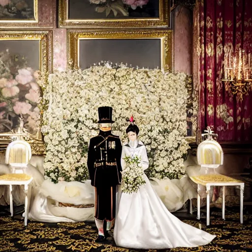 Image similar to A wide full shot, colored black and white Russian and Japanese mix historical fantasy a photograph taken of inside the royal wedding floral covered venue inspired by fairytales, photographic portrait, warm lighting, 1907 photo from the official wedding photographer for the royal wedding.