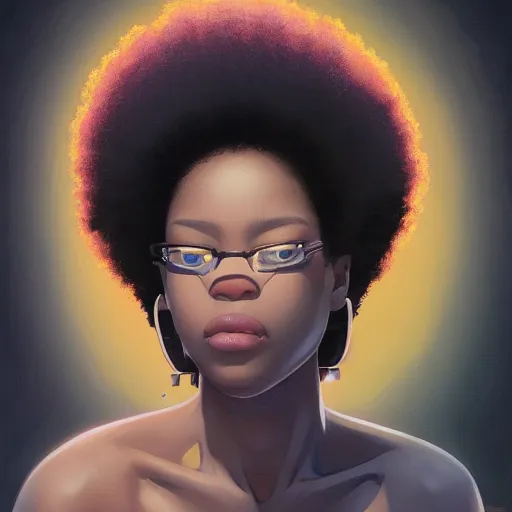 Prompt: A black woman with big Afro cute brown eyes, fine-face, realistic shaded perfect face, fine details. realistic shaded lighting poster by Ilya Kuvshinov katsuhiro otomo ghost-in-the-shell, magali villeneuve, artgerm, Jeremy Lipkin and Michael Garmash, Rob Rey and Kentarõ Miura style, trending on art station