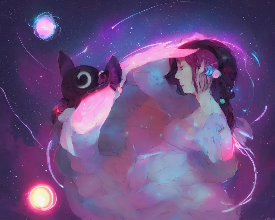 Prompt: beautiful whimsical women with cat ears and a tail standing under the stars, under a multi-colored binary blackhole with an accretion disc, casting magic, glowing trails following her arms, wearing professional makeup, anime, by Lois van Baarle, by Greg Rutkowski, by artgerm, by beeple, by studio ghibli, cinematic angle, volumetric lighting, 4k resolution, octane render, trending on artstation, masterpiece