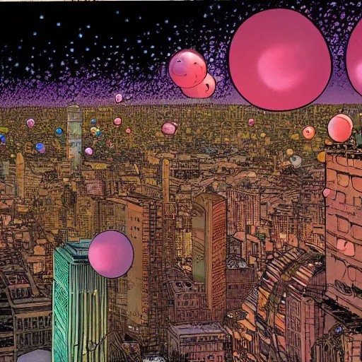 Prompt: alien bubbles floating in a city of lights, people from buildings trying to jump on the bubbles, comic book panel, by moebius