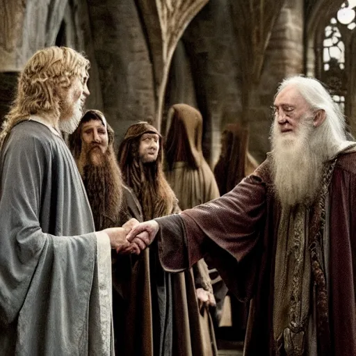 Prompt: frodo baggins meeting dumbledore, in hogwarts, cinematic