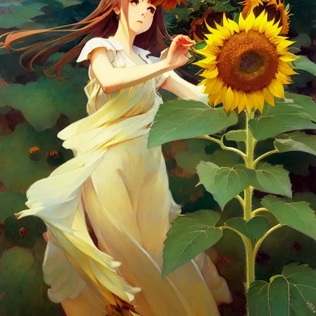 Image similar to beautiful sunflower anime girl, krenz cushart, mucha, ghibli, by joaquin sorolla rhads leyendecker, by ohara koson