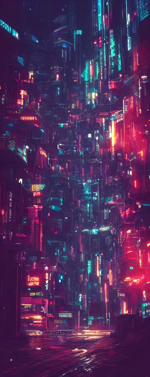 Prompt: a digital painting of a city at night, cyberpunk art by mike winkelmann, artstation, panfuturism, dystopian art, retrowave, synthwave