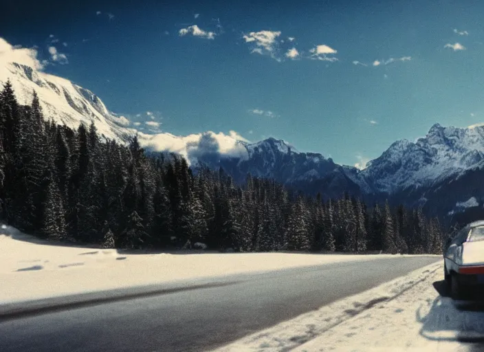 Image similar to A very high resolution image from a new movie, landscape from a car window , mountains, snowy, snowy mountains, Polaroid, directed by wes anderson