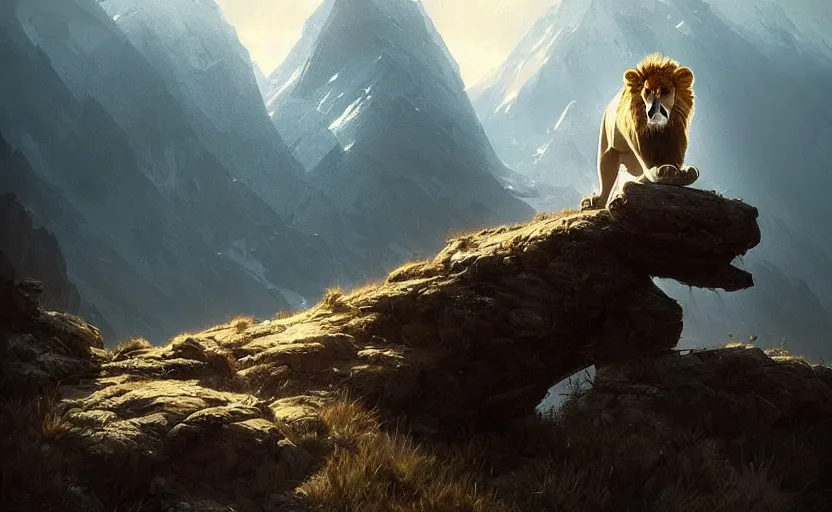 Prompt: a beautiful photo of lion roar on mountain, hyper realistic, natural light, concept art, by greg rutkowski, cozy atmospheric and cinematic lighting