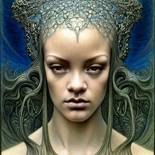 Image similar to detailed realistic beautiful young medieval alien robot rihanna face portrait by jean delville, gustave dore and marco mazzoni, art nouveau, symbolist, visionary, gothic, pre - raphaelite. horizontal symmetry by zdzisław beksinski, iris van herpen, raymond swanland and alphonse mucha. highly detailed, hyper - real, beautiful, fractal baroque