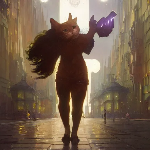 Image similar to Concept art, beautiful painting of a cat, shining its light among stars, wandering around a metropolis city, 8k, alphonse mucha, james gurney, greg rutkowski, john howe, artstation