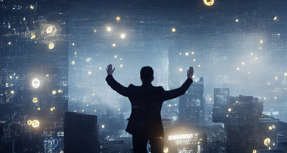 Image similar to Dramatic photo of a CEO waving goodbye to a group of silhouettes of his coworkers in a futuristic office. Golden coins are levitating all around them. 8k, high detail, trending on Artstation, volumetric lighting, cyberpunk