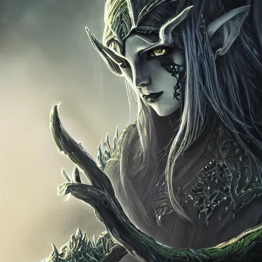 Image similar to dark fantasy concept of elven tree elf god, with dark steel and eldritch wood armor on a mountain, cinematic, dynamic lighting, photorealistic, ultra detailed, trending on art station, stunning visuals, creative, hyper detailed