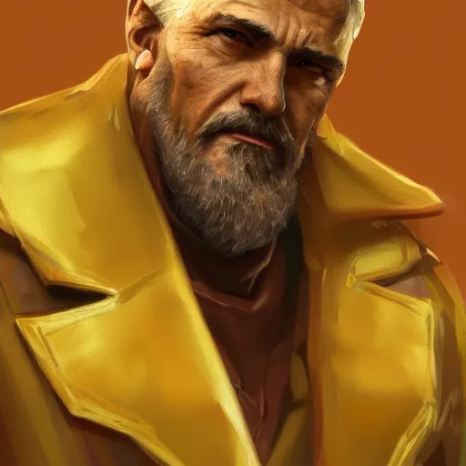 Image similar to a painted portrait of a middle-aged man in a golden suit, D&D, sci-fi, elegant, hopeful, muscular, highly detailed, digital painting, artstation, concept art, smooth, sharp focus, illustration