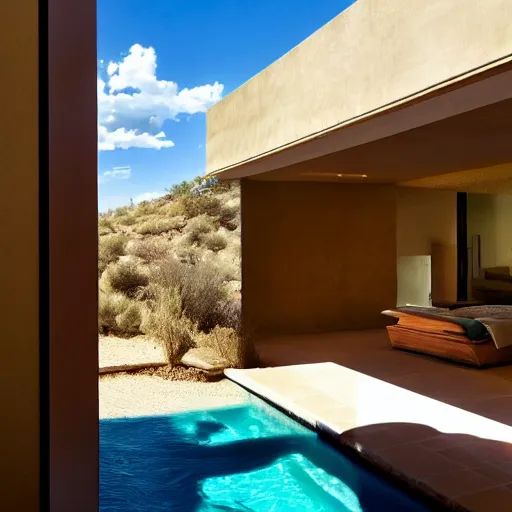 Image similar to modern desert pavlion interior looking out of large pivoting doors into expansive pool and vista with cacti