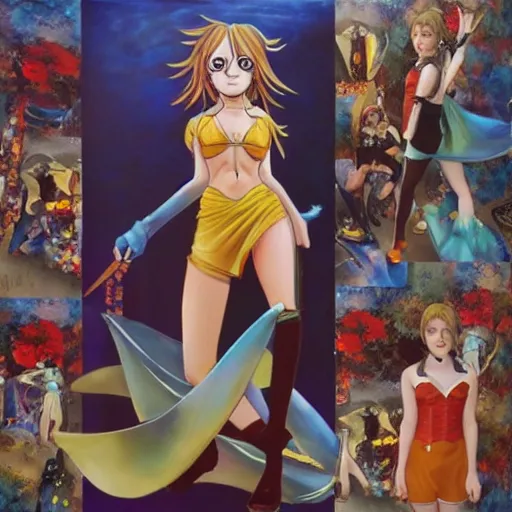 Image similar to beautiful emma watson cosplay as nami from one piece, oil painting, full body.