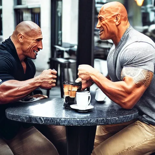 Image similar to Dwayne Johnson and Pepe the frog having coffee in a cafe, Dwayne Johnson, frog, hyperrealistic photograph, 8k,
