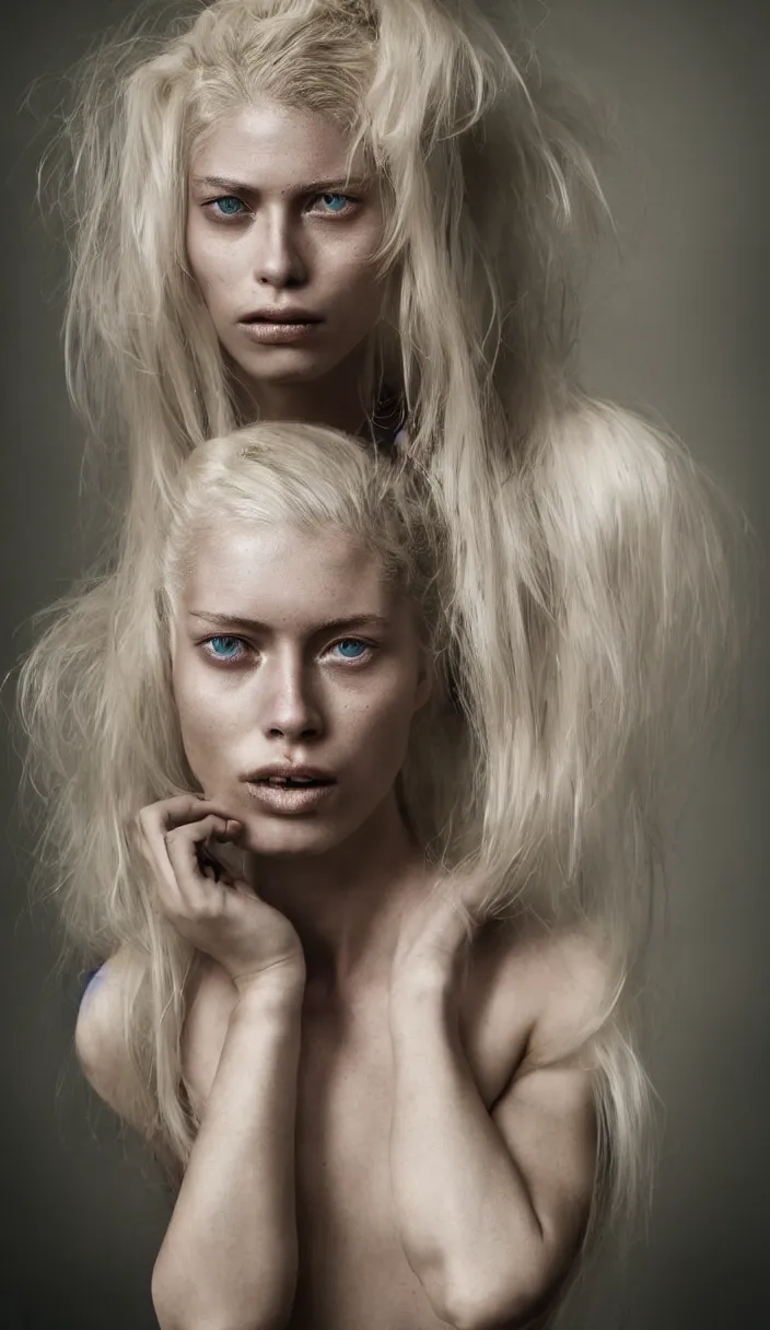 Prompt: a beautiful 8 5 mm f 1. 8 commercial photography portrait of a young woman that looks like a combination of doutzen kroes and yolandi visser, urbex setting, photography by erwin olaf