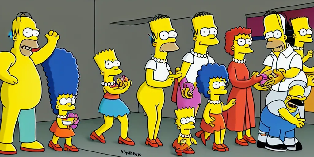 Prompt: the simpsons as bananas, coming down the stairs, eating bananas, stretched, banana skin