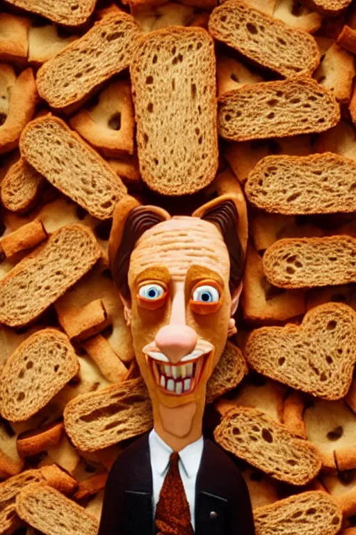 Prompt: film still of steve buscemi made out of bread in the fantastic mr fox, 4 k