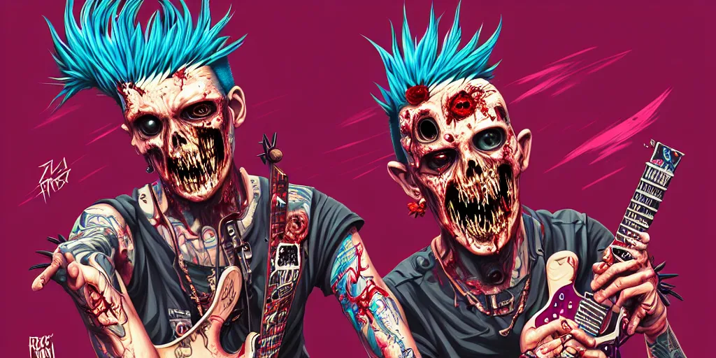 Image similar to a zombie punk rockers with a mohawk playing electric guitar and singing, tristan eaton, victo ngai, artgerm, rhads, ross draws, cinematic by francis tneh