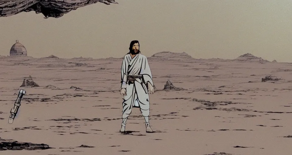 Image similar to wide shot tatooine landscape obi wan in Star Wars a new hope 1977 by studio ghibli, Miyazaki, animation, highly detailed, 70mm