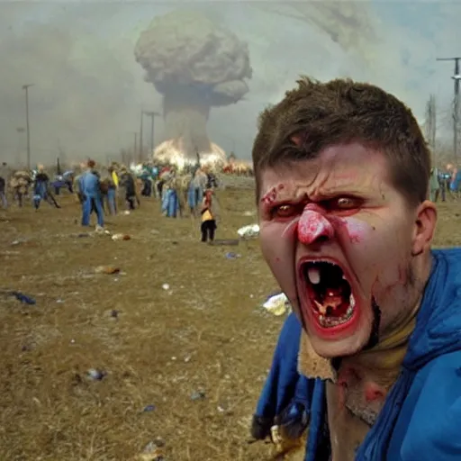 Image similar to selfie of a ukrainian screaming in pain and terrible injuries from a nuclear explosion, everything is on fire and radiation, in the background there are a lot of people like zombies, corpses and skeletons, a large nuclear explosion in the background, people are painted in yellow and blue, all dirty with severed limbs, doomsday