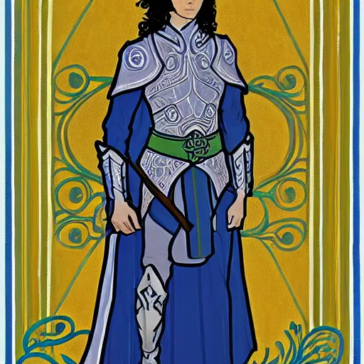 Prompt: painting of handsome beautiful blue eyed paladin elf! man with long wavy dark hair in his 2 0 s named shadow taehyung at the cucumber soup party, wearing armor!, elegant, clear, painting, stylized, delicate, soft facial features, art, art by alphonse mucha, vincent van gogh, egon schiele,