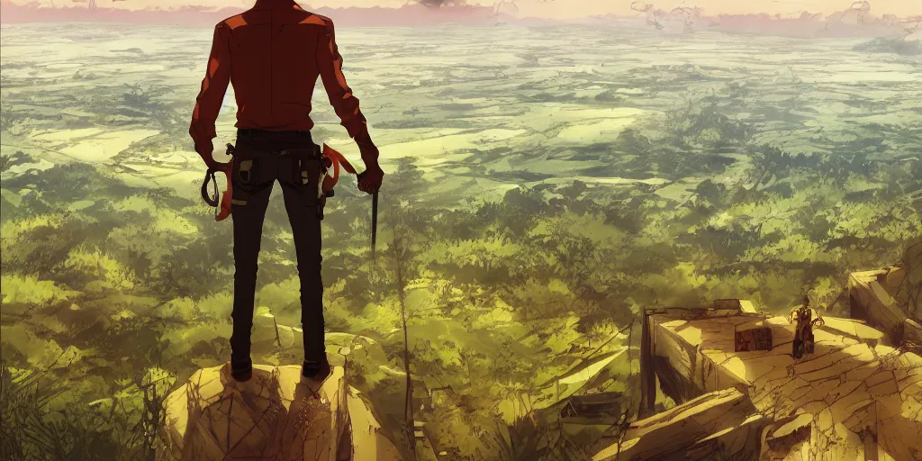 Prompt: eren jager from attack on titan standing on a 5 0 meters wall looking at a huge plain with forests and river, and a the horizon another 5 0 meters wall, vibrant highlights sharp contrast trending pixiv fanbox by alex ross by victo ngai james gurney makoto shinkai takashi takeuchi studio ghibli