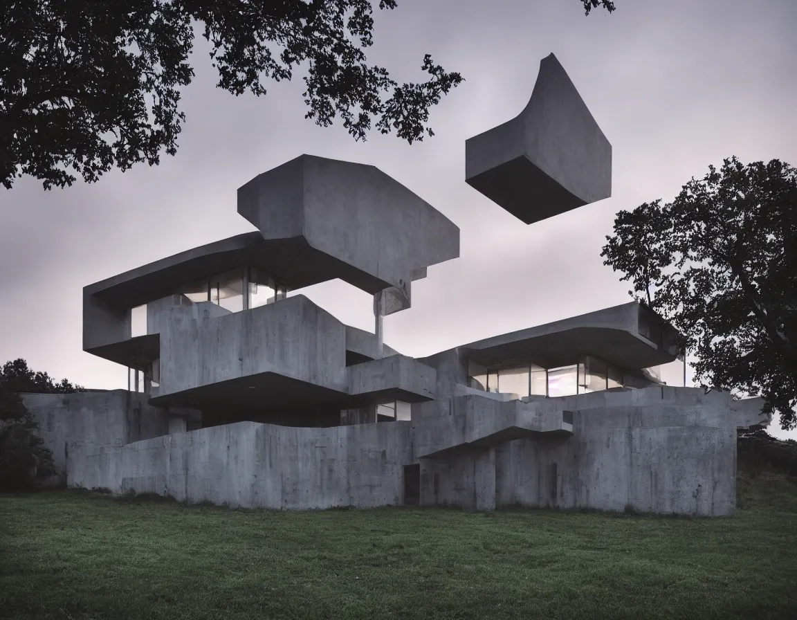 Prompt: house on a hill, modern architecture, brutalism, house concept, sunset, rtx lighting, cloudy sky, foggy