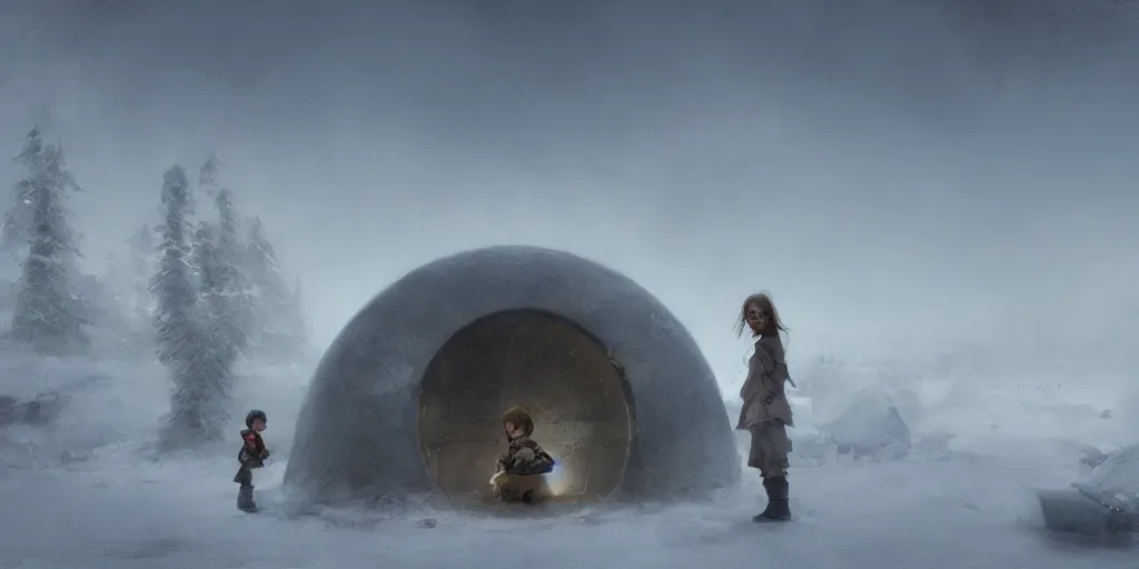 Image similar to young girl back to us in front of an round igloo in the tundra,, mysterious matte painting by ruan jia and craig mullins, trending on artstation