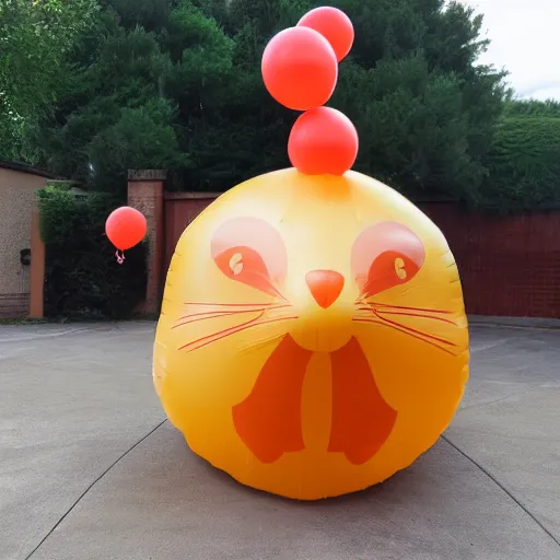Prompt: inflating a balloon in the shape of a cat, growing cat balloon, big rubber cat, giant inflated cat