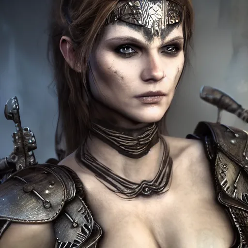 Image similar to shield maiden with cry makeup, intricate detail, royo, klimt, miro, vallejo, frazetta, giger, whealan, hd, unreal engine,