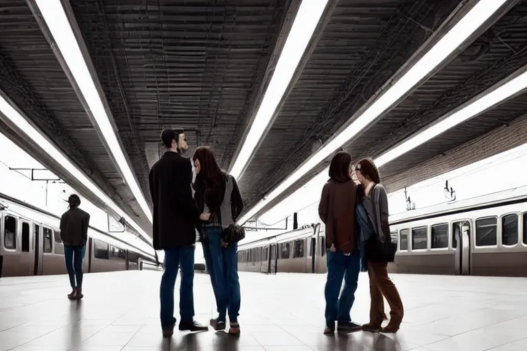 Image similar to vfx movie couple in a train station flat color profile low - key lighting cinematography