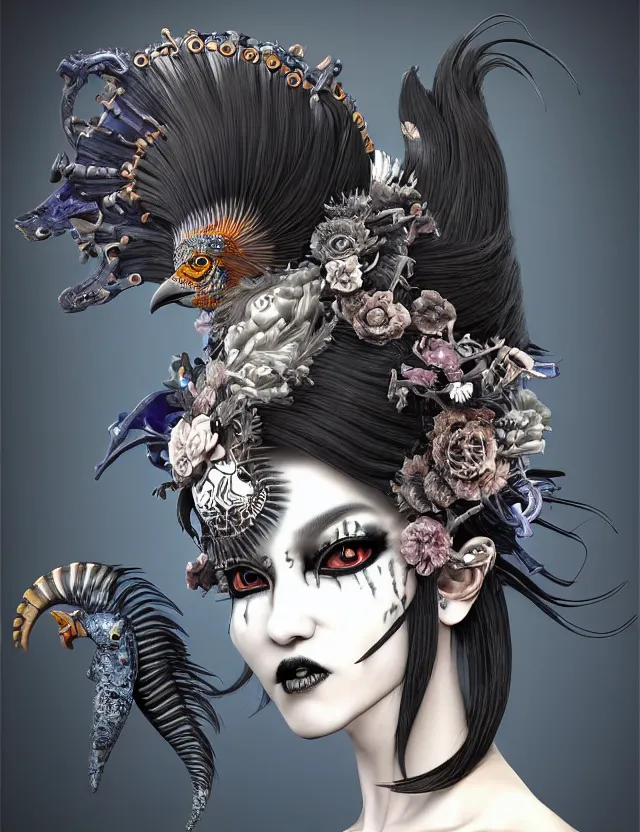 Image similar to 3 d goddess close - up profile portrait punk with mohawk in victorian style with ram skull. beautiful intricately detailed japanese crow kitsune mask and clasical japanese kimono. betta fish, jellyfish phoenix, bio luminescent, plasma, ice, water, wind, creature, artwork by tooth wu and wlop and beeple and greg rutkowski