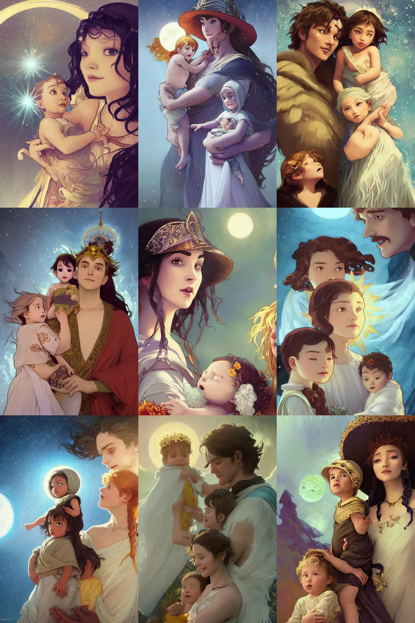 Prompt: a cinematic portrait of a beautiful family photograph close up moment of a moon goddess and young sun god magician family with child, portrait, wearing sunhat and emma, Klaus film, digital painting, artstation, concept art, illustration, Frozen II art masterpiece by art by Krenz Cushart, Artem Demura, alphonse mucha, yoji shinkawa, ArtGerm, Jon Lothian, Danilo Torres, Adi Meyers, Thomas Reimann, Gaston Bussiere