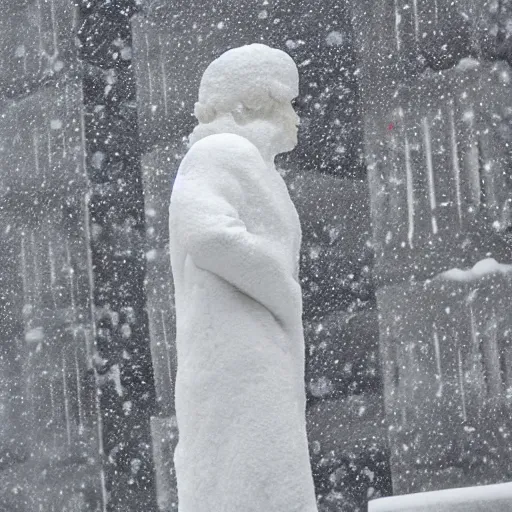 Image similar to black and white photo of snow falling on white cracked marble statue, in the background is a snowy concrete brutalist building, the statue is wearing a haute couture winter jacket by moncler genius, the statue is made of white marble, everything is white marble, sharp focus, depth of field, clear focus, beautiful, denoise, clean, japanese fashion