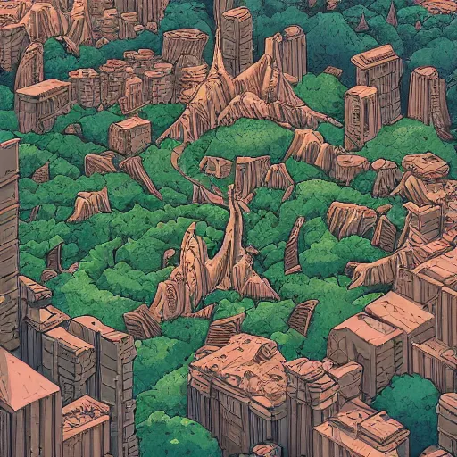 Image similar to cell shaded adult animation, a birds eye view overlooking a walled off ancient fantasy city being attacked by horrific monsters, surrounded by mountains and trees of greens and browns, rivers, concept art by josan gonzales and wlop, Laurie Greasley, Bekinski and james jean, highly detailed, sharp focus, Trending on Artstation, HQ, deviantart, art by artgem