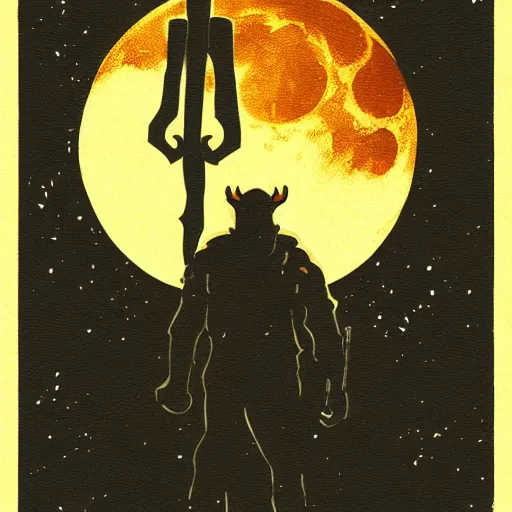 Image similar to a lumberjack in the style of Hellboy at night against the moon