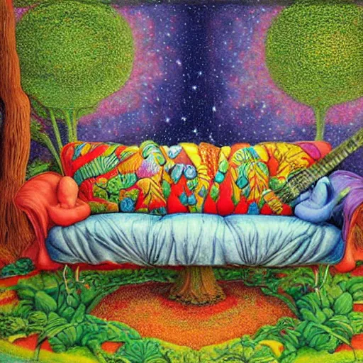 Image similar to psychedelic couch sofa in the lush forest, milky way, designed by moebius, rob gonsalves, gustav dore, giuseppe arcimboldo and carl barks, louis wain, trending on artstation, canada, star, sharp focus, colorful refracted sparkles and lines, soft light, 8 k 4 k