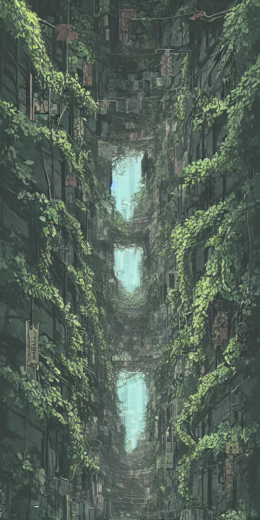 Image similar to abandoned overgrown old alley in hong kong, epic vines, illustration by niko delort,