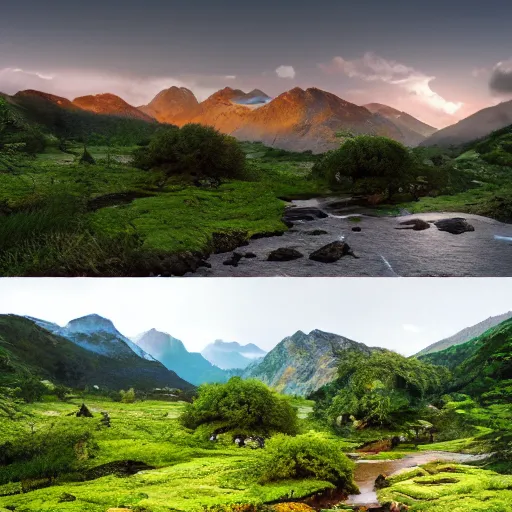 Prompt: A flowery meadow with a large tree in the left and a river on the right with rocky sides, a wooden bridge on the right and realistic mountains in the background, a slightly overcast sky at sunrise. ultra realistic, matte painting, concept art, 4k, trending on artstation, octane render, wide lens. Summer.