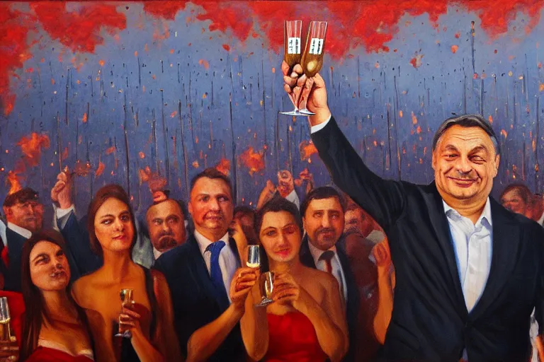 Image similar to viktor orban drinking champagne and cheering in front a burning city, highly detailed eyes, oil on canvas