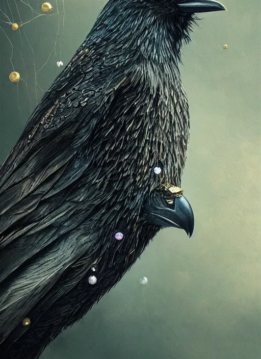 Image similar to best book cover design, glowing silver and golden elements, full close-up portrait of realistic crow with gems, book cover, green forest, white moon, establishing shot, extremly high detail, photo-realistic, cinematic lighting, by Yoshitaka Amano, Ruan Jia, Kentaro Miura, Artgerm, post processed, concept art, artstation, matte painting, style by eddie mendoza, raphael lacoste, alex ross