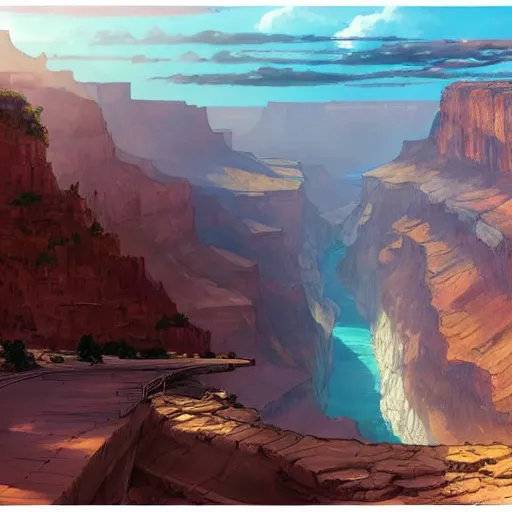 Prompt: concept art painting of a wide grand canyon with ocean inside, giant river, with unfinished bridge under construction, realistic, detailed, cel shaded, in the style of makoto shinkai and greg rutkowski and james gurney