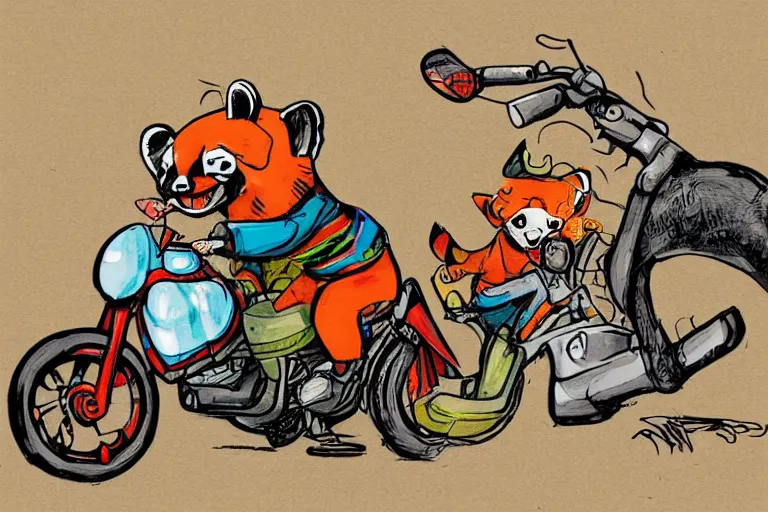 Image similar to a cartoon graffiti illustration of red pandas riding an elephant motorbike by stom 5 0 0