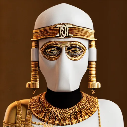 Image similar to portrait of masked dune dynasty with chanel clothes, white background, chanel logo, 8 k, symmetrical, 3 d render, octane render, insane details