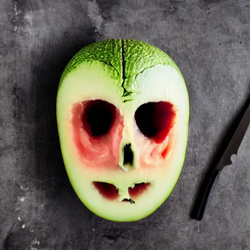 Image similar to half man half melon, killer, knife, dark and moody