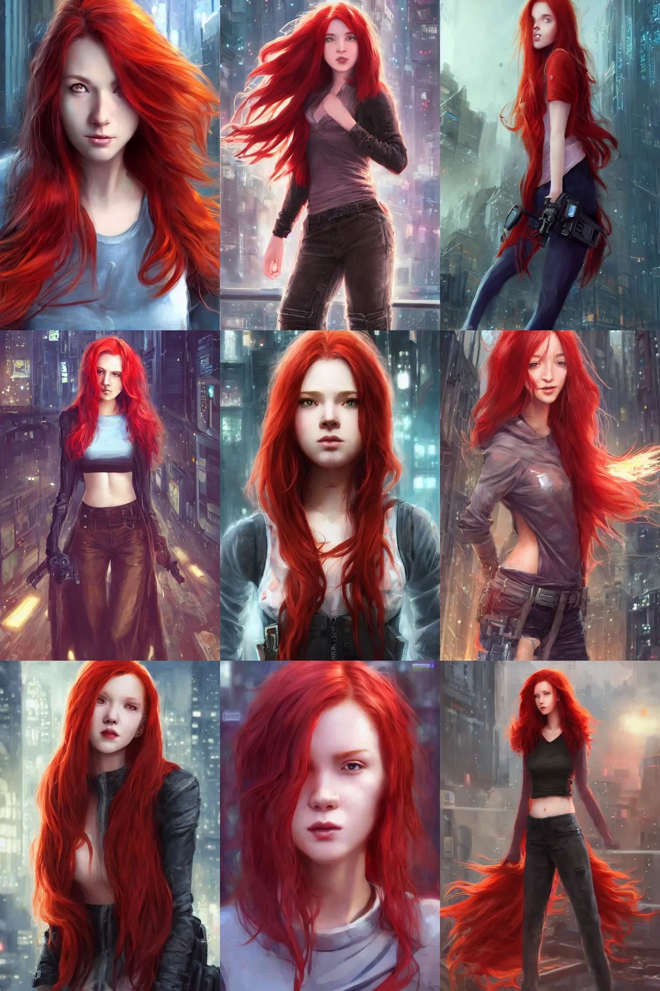 Prompt: beautiful cute red haired joyful and playful nineteen year old young girl standing up, casual clothing, long hair, cyberpunk city, rpg character, sci - fi, fantasy, intricate, elegant, digital painting, artstation, concept art, smooth, 8 k frostbite 3 engine, ultra detailed, art by artgerm and greg rutkowski and magali villeneuve